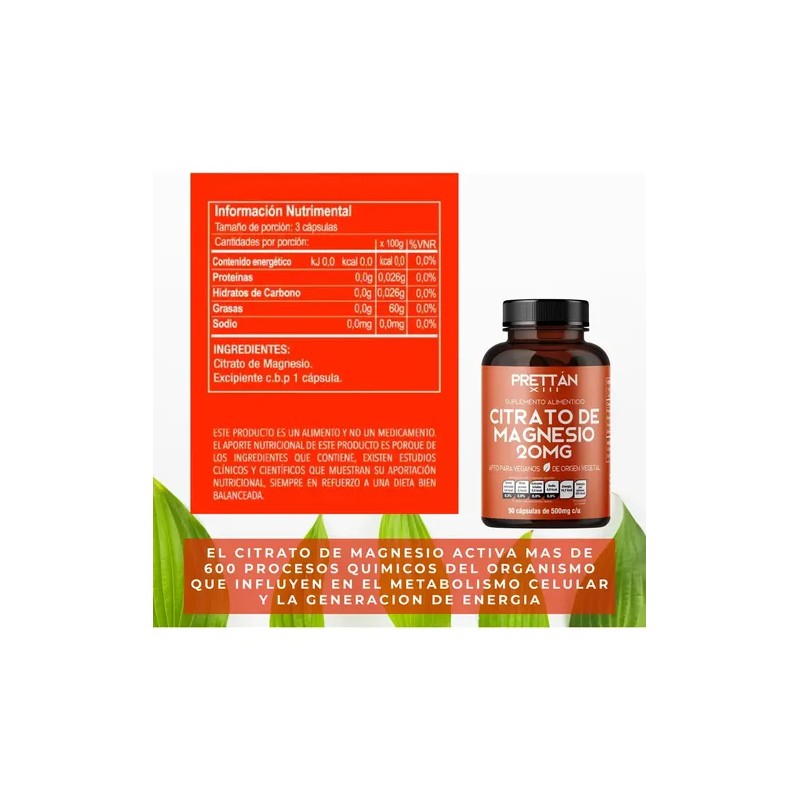 Citrato Magnesio Prettan Suplemento Capsulas 500mg Sabor