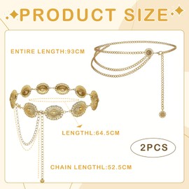 2 PCS Gold Belt Chain Belts for Women, Adjustable Cowgirl Waist Chain for Women,Vintage Women's Belts,Boho Gold Chain Beltss,Western Metal Concho Belt for Dresses,Clothing,Jeans