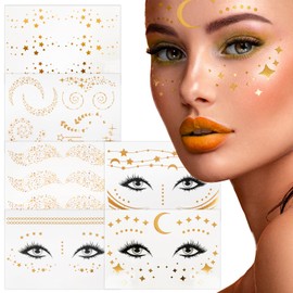 MEXRUMI 6 Piezas Tatuajes De Cara Y Ojos Temporales Metálicos, Tatuajes Metálicos Impermeables, Pegatinas Maquillaje Con Flash Dorado,Tatuajes Dorados Para Mujeres, Niñas, Arte Corporal