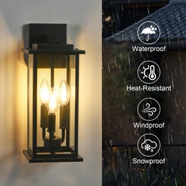 ZHMDJDSH ZHMDJDSH 1-Pack 15" Outdoor Wall Lantern Candelabra 3-Light, Waterproof Exterior Wall Light Fixture with Clear Glass Front Porch Light Outdoor Wall Sconce, E12 Base Exterior Sconces for Garage