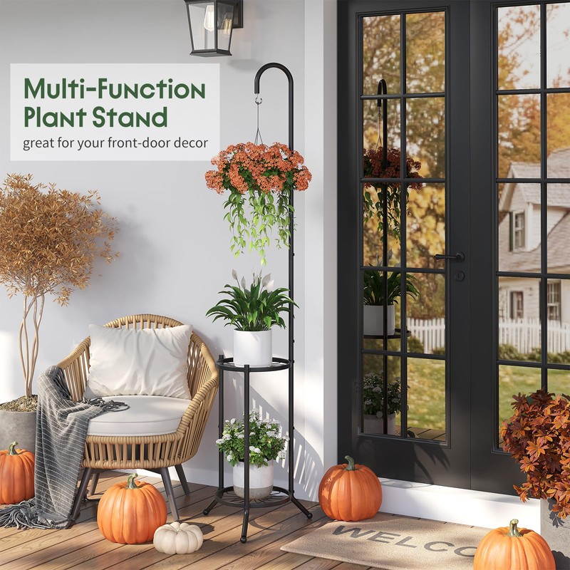 2-Tier Plant Stand With Hanging Hook, Metal Standing Plant Hanger,