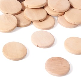 Craftdady 50Pcs Unfinished Natural Flat Round Wood Coin Beads Circle Round Wooden Slices Cutouts 1.18 Inch Unpainted Board Tags for Jewelry Craft Making Hole: 2.5mm