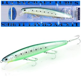 LUCKY CRAFT FlashMinnow 110, 727 Super Glow OB Ghost Sardine, Saltwater Fishing Lures, Jerkbait Surf Fishing Gear, Halibut and Bass Lures, 1-2 ft Slow Suspending Topwater Lure