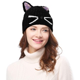Bellady Mother Children Sequin Cat Ears Hats Warm Knit Crochet Beanies Cute Fashion Skull Cap, Adult_black, One Size