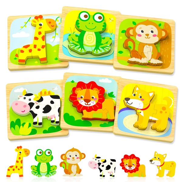 Benresive Wooden Toddler Puzzles Ages 1-3, Montessori Toys for 1 2 3 Year Old Boys Girls, 6 Pack Animal Toddler Toys Gifts for 1 2 3 Year Old Boys Girls, Learning Educational Preschool Toys