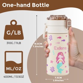Exllena 400ml Stainless Steel Water Bottle Kids with Pop-Open Soft Straw & Spout 2-in-1 Lid, Kids Metal Water Bottle Leak Proof for Cold&Hot Drinks, BPA-Free, Ideal for Boys Toddler Girls(Mermaid)