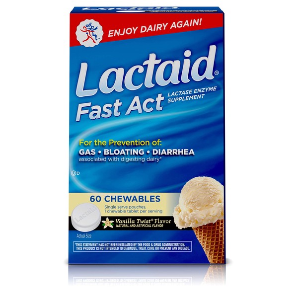 Lactaid Fast Act Lactose Intolerance Chewables with Lactase Enzymes, Vanilla Twist, 60 Pks of 1-ct.