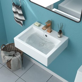 Wall Mount Bathroom Sink - Funmier 20x16 Inch Wall Mount Sink Rectangular Floating Bathroom ADA White Modern Porcelain Ceramic Art Basin