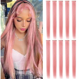 MOSCSMDY Pack of 10 Hair Extensions for Girls, Wig Pieces, Clip-In Coloured Hair Extensions for Adults, Colourful Hairpieces, Party Highlights, Multiple Colours (Pink Smoke)