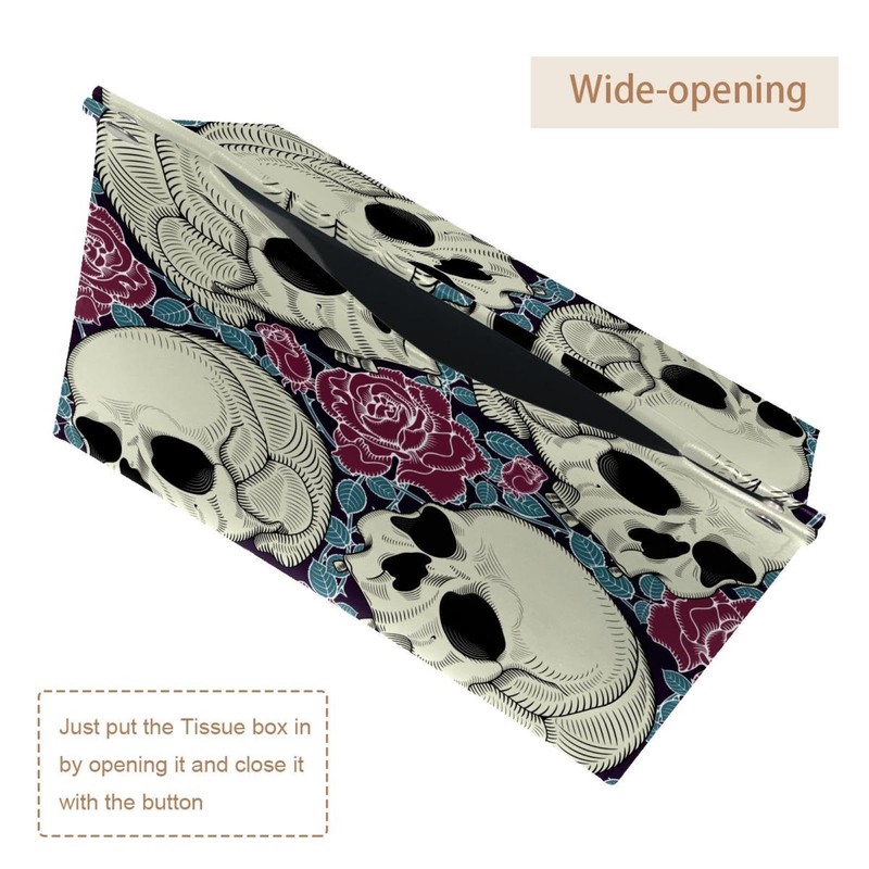 2 Pack Tissue Box Cover Holder, Skulls Roses Flowers Rectangle