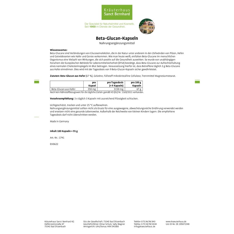 Sanct Bernhard Beta-Glucan Capsules to Help Maintain Normal Cholesterol Levels,