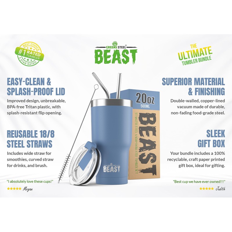 Greens Steel New Beast Tumbler, Stainless Steel, Vacuum Insulated Rambler