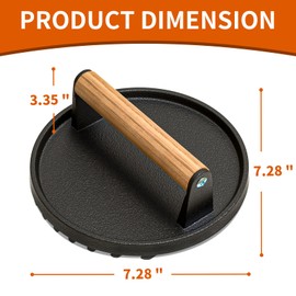 AIKKIL Burger Press, 7.08" Round Heavy-Duty Cast Iron Smash Burger Press Meat Steak with Wood Handle for Blackstone, Blackstone Griddle Accessories for Sandwiches, Paninis(Round)