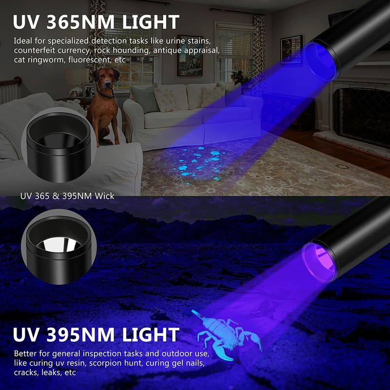 UV Flashlight 365nm & 395nm uv Light, Mini Powerful Rechargeable