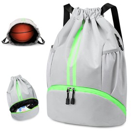 ZIXKUB Drawstring Backpack Gymbag Water Resistant Sports Sackpack with Zipper/Shoe Compartment/Wet Pocket/Mesh Pockets Gym Bag for Men Lightweight String Bag for Travel Soccer Swim Hiking, Grey