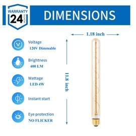 Beonllay T300/T10 Long Tubular Light Bulb,40 Watt Equivalent E26 Base Amber Vintage Edison Bulb 4W Dimmable Tubular Antique Style Decorative LED Filament Light Bulb, 2700K Warm White,11.8 Inch, 2 Pack