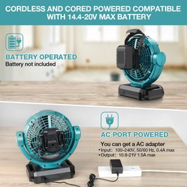 WaxPar 18V Cordless Fan Compatible with Makita 18V Battery, 3 Speed Brushless 18volt Oscillating Fan Low Noise for Industrial, Commercial,Outdoor (USB & DC PORT ADAPTER OFFERED)