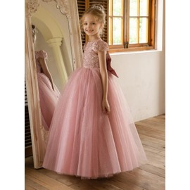 JISISANG Flower Girls Lace Tulle Champagne Princess Pageant Dress for Wedding Bridesmaid Formal Party Kids Cap Sleeve Sequin Tulle Baptism Communion Dress for Girls Champagne 08