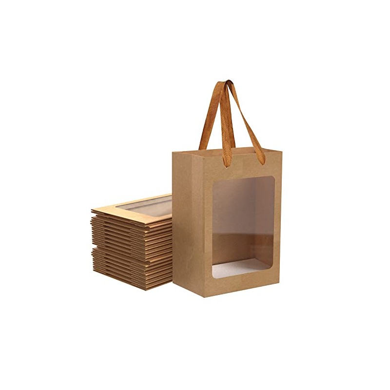 6 Pcs Brown Paper Gift Bags with Transparent Window, 9.84"x7.0"x5.12"