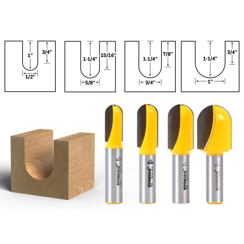YONICO Round Nose Core Box Router Bit Set 4 Bit