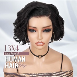 WIGER Short Curly 13X4 Lace Frontal Human Hair Wigs Pre Plucked Glueless Black Curly Bob Lace Front Wig for Women Pre Cut Loose Wave Full Lace Wigs Water Wave Human Hair Wig