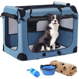 Petprsco Portable Dog Crate - 32"x23"x23" Collapsible Dog Travel Crate for Medium/Large Dogs with Soft Blanket, Foldable Bowl & Poop Bag Dispenser - Indoor & Outdoor Use