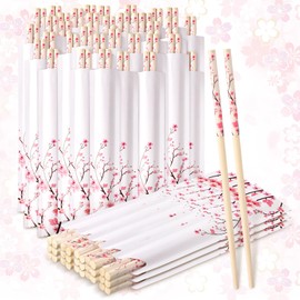 Suttmin 50 Pairs Cherry Blossom Chopsticks Bulk with Sleeved Blue Flower Disposable Bamboo Eucalyptus Chopsticks Wedding Favors Chinese Japanese Food Supply for Takeout Picnic(Cherry)