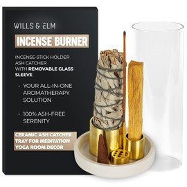 4 in 1 Ceramic Incense Burner with Glass Ash Catcher, Incense Holder for Sticks, Palo Santo, Sage and Cones - Ceramic Ash Catcher Tray for Meditation Yoga Room Home Decor - White
