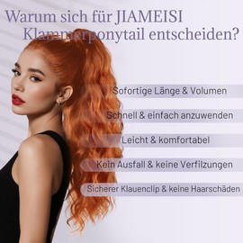 JIAMEISI Ponytail Extension, 45 cm Ponytail Hairpiece, Synthetic, Wavy, Curly Claw Clip, Ponytail Hair Extension for Women, Gives Volume & Length (Ginger Copper)