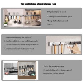 Yiliker Modern Gray Stainless Steel Wall-Mount Knife Rack 50CM+9 Hooks - Space-Saving Kitchen Organizer, No-Drill Storage for Knives & Utensils, Rust-Proof (19.7inches(50cm))