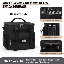 Lekebobor Lunch Bag for Men, Heavy Duty Large Insulated Lunch Box with Molle, Leakproof Lunch Tote Bag for Adult Men Work Tactical Office, 24-Can (15L), Black