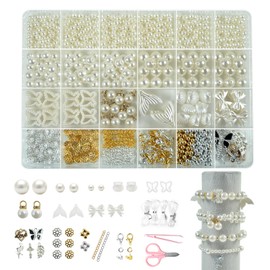 funluck 800pcs Pearl Beads with Hole Kit,Round Pearl Beads for Jewelry Making with 70+ Charms,200pcs Silver/Gold Beads for Bracelets,Necklaces,Craft,Decoration and Vase Filler