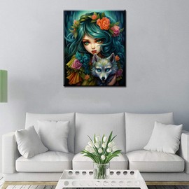 Paint by Numbers for Adults Kids Little Girl and Animal Wolf Paint by Numbers DIY Painting Acrylic Women Hair with Red Rose Paint by Numbers Kit Home Wall Living Room Decoration 16x20 Inch(DIY Frame)