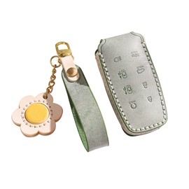 HIBEYO Leather Car Key Fob Cover for Hyundai Genesis GV80 G80 2021 2022 Smart Key Case Shell with Keychains Car Accessories for Genesis 8 Buttons Key-Green, Green, original size