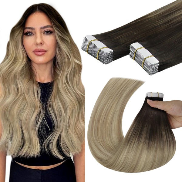 YoungSee Tape in Hair Extensions Balayage 24 Inch Balayage Tape in Human Hair Extensions Dark Brown with Blonde to Platinum Blonde Tape in Hair Extensions Real Human Hair 20pcs 50g