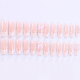 BABALAL White Press on Nails Long Square Fake Nails French Tip Glue ons Nails Bow Pearl Design Squoval Acrylic Nails 24Pcs Manicure False Nails