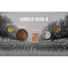World War II Commemorative Blister Card with 5 Genuine Historic Coins and Artifacts