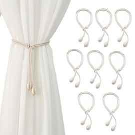 DWUENT 8 Pack Hand-Woven Curtain Tie Backs, 48cm Anti-Pilling White Cotton & Polyester Blend with Metal Accents, Tasseled Curtain Ties Slip-Resistant Knot Design (3.5cm Pendants, Beige)