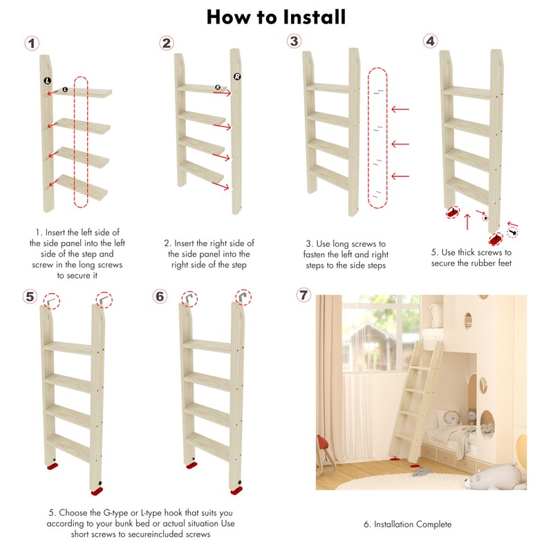 50" 55" 60" White Wood Bunk Bed Ladder, Lofted/Dorm/RV Bed