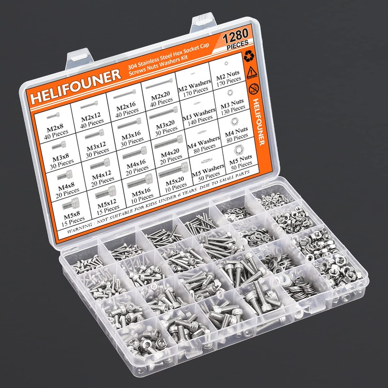 HELIFOUNER 1280 Pieces M2 M3 M4 M5 304 Stainless Steel