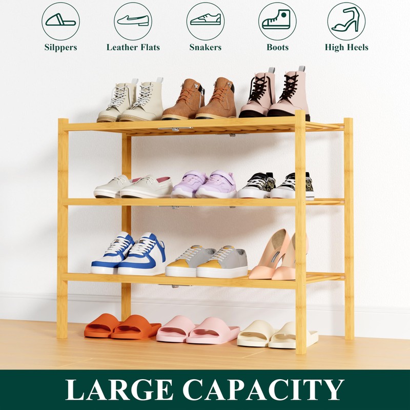 Smiry Shoe Rack, 3 Tier Thick Bamboo Shoe Organizer, Stackable