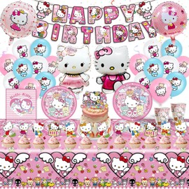 Pink Birthday Party Decorations for Girls, 110 Pcs KT Theme Party Balloons for Kids Girls, Include Birthday Banner, Foil Balloons, Cupcake Toppers, Plates for Kids Birthday Decorations