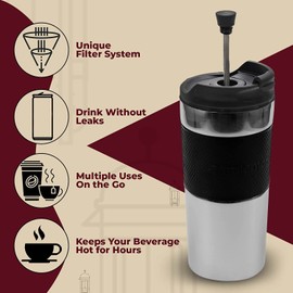 VASA NAMA 450ML Taza de Café para LLevar Taza de Viaje, Termo para Café con Prensa Francesa Integrada, Aislada al Vacio Doble pared Termo de Café Portátil Acero, Inoxidable Taza Termo con Tapa a Prueba de Fugas Para Café Té Cerveza (Plata)