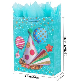 Elephant-package 16.3" Extra Large Gift Bags with Tissue Papers for Kids Birthday Party Bags (Turquoise)