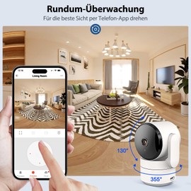 AMOROM WLAN Surveillance Camera Indoor 360° Camera Surveillance with AI Motion Detection, Custom Scenario Warnings, Two-Way Audio, Works with Alexa, 2.4 GHz, Pack of 2