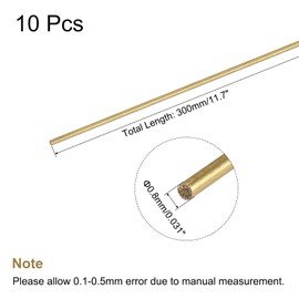 sourcing map Brass Rod,Brass Solid Round Rod 0.8mm/0.03inch Diameter 300mm Length Lathe Bar Stock for RC Model DIY Craft Pack of 10