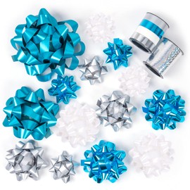 RUSPEPA 16 Pcs Gift Bows Assortment - 14 Multi-Colored Assorted Size Gift Bows (Turquoise, Silver, White) and 2 Crimped Curling Ribbons, Perfect for Christmas, Holiday, Party