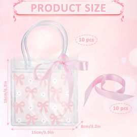 10PCS Pink Bow Clear Gift Bags with Handle Ribbon, 16x15x8CM PVC Clear Bags For Gifts, Coquette Bowknot Daisy Flower Party Bag for Wedding Birthday Party Valentine's Day Baby Shower