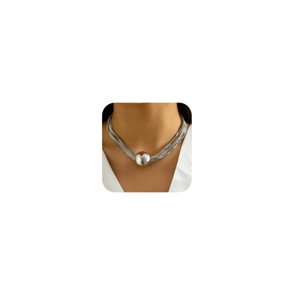 Chunky Silver Statement Necklace for Women Mixed Metal Layered Chain
