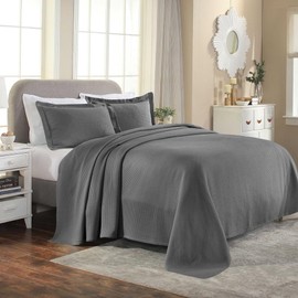 TRP Cottage Core Country Design Raised Matelasse Woven Texture Cotton Bedspread King Size 3 Piece Set | Farmhouse Bedding Slate Grey Color All Seasons Soft Plush Cozy Hotel Formal Luxury Look